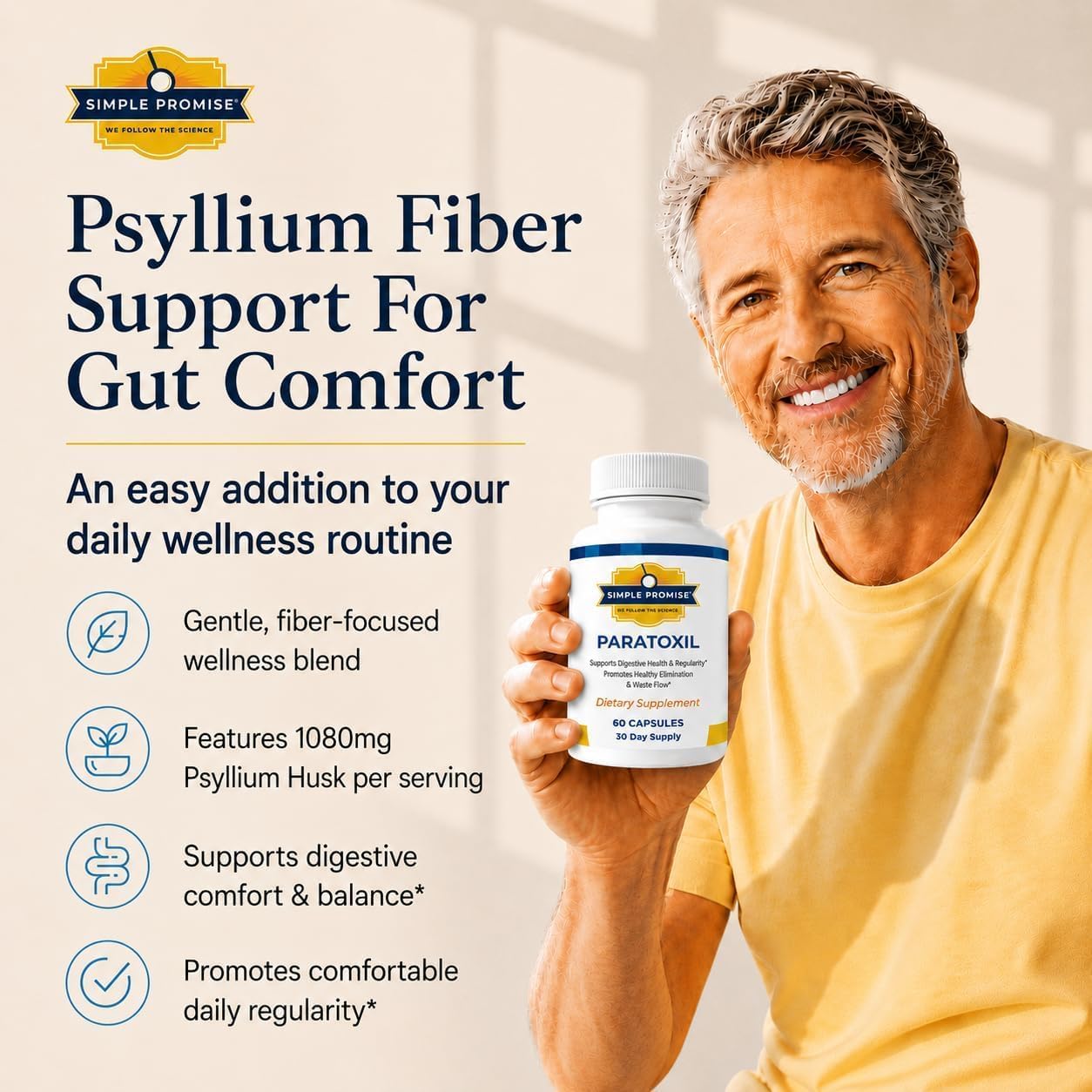 Paratoxil bottle held up beside a callout for 1,080mg of psyllium husk per serving