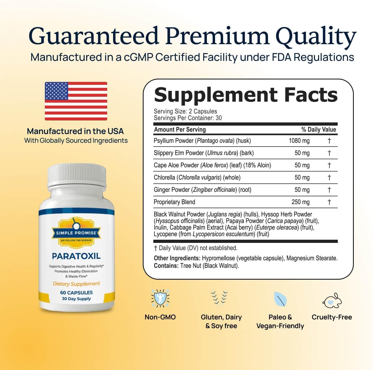Paratoxil supplement facts panel listing psyllium, slippery elm, cape aloe, chlorella, ginger and black walnut