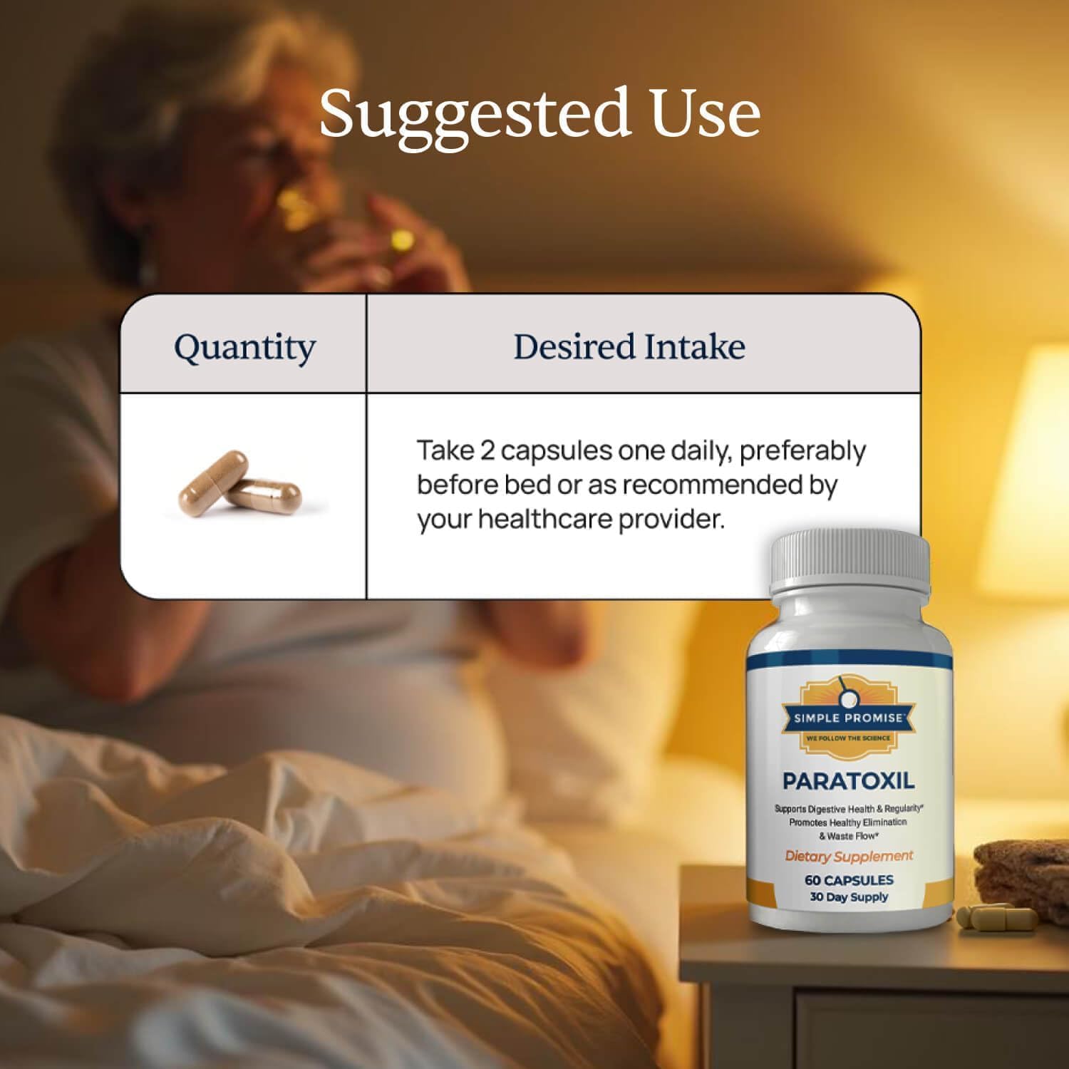 Paratoxil suggested use panel showing two capsules taken daily with water