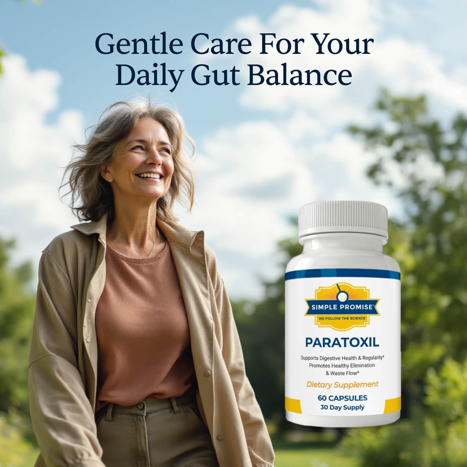 Smiling woman outdoors next to a bottle of Paratoxil gut cleanse supplement