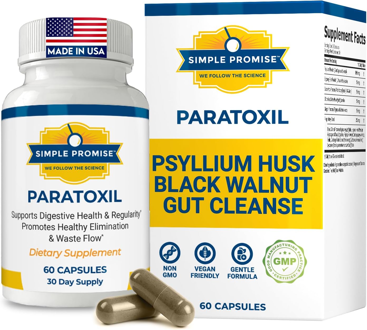 Paratoxil bottle and box showing the psyllium husk and black walnut gut cleanse formula